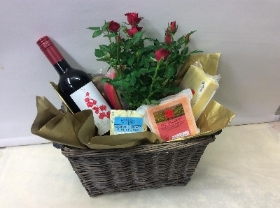 Father's Day Wine, Cheese and Red Rose Plant